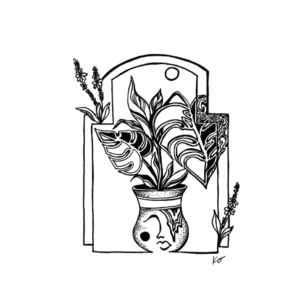 Art print for home decor of a line drawing of an image of a pot with an abstract face on it and plant leaves growing out of it surrounded by geometrical shapes.